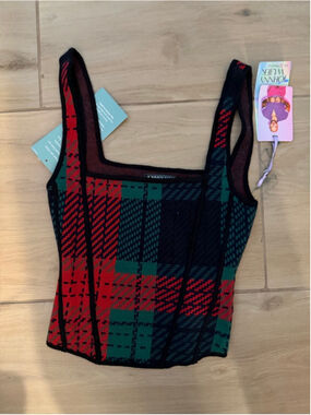 NEW Johnny Wujek Holiday Plaid Crop Top Tank Red Green XS $39